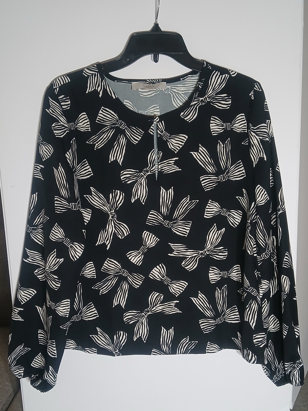 LOFT Black Blouse with Cream Bow Motif M